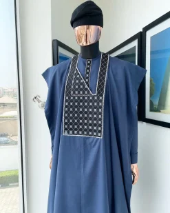A Navy blue, connected square embroidery design details agbada