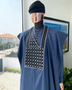 A Navy blue, connected square embroidery design details agbada