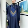 A Navy blue, Connected triangle -layered 3D embroidery design details agbada
