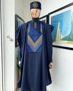A Navy blue, Connected triangle -layered 3D embroidery design details agbada
