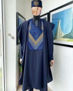 A Navy blue, Connected triangle -layered 3D embroidery design details agbada