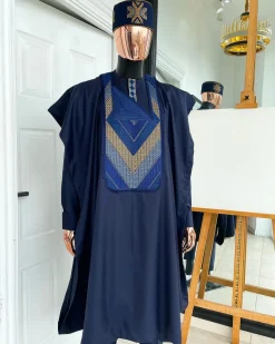 A Navy blue, Connected triangle -layered 3D embroidery design details agbada