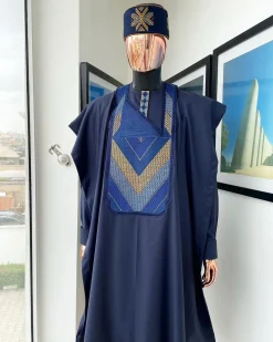 A Navy blue, Connected triangle -layered 3D embroidery design details agbada