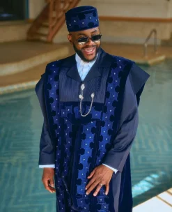 A Navy Blue, Deltagbada Flapper Embroidery Details Agbada