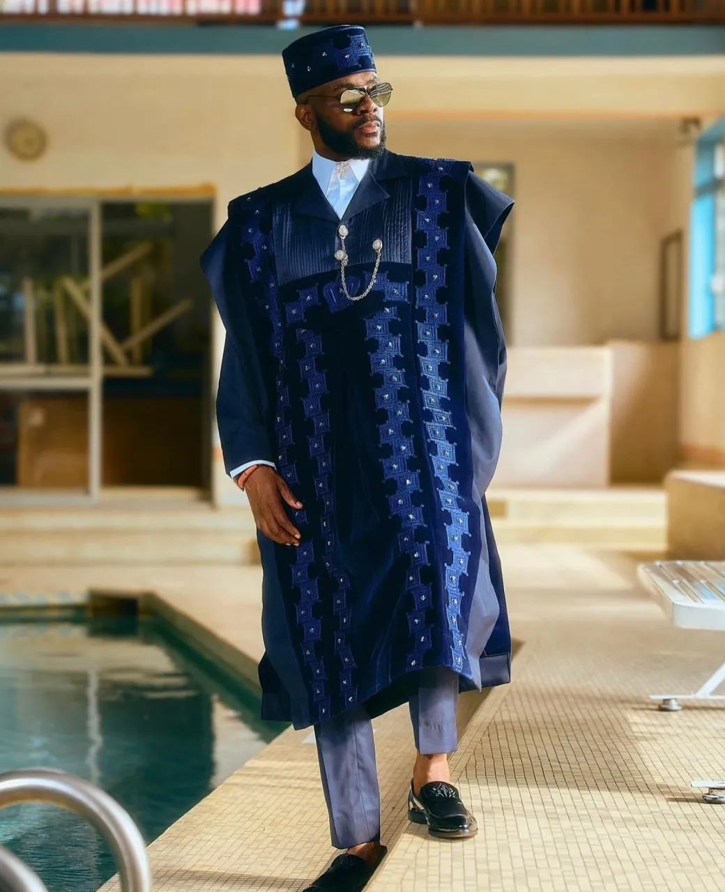 A Navy Blue, Deltagbada Flapper Embroidery Details Agbada