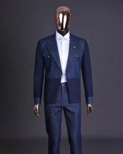 A Navy blue denim & jacquard mix notch lapel jacket