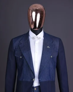 A Navy blue denim & jacquard mix notch lapel jacket