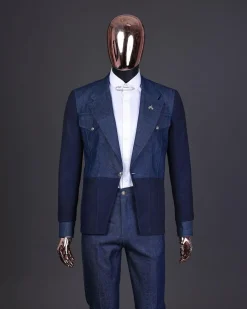 A Navy blue denim & jacquard mix notch lapel jacket