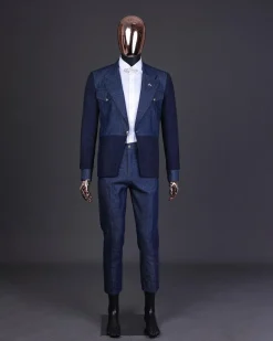 A Navy blue denim & jacquard mix notch lapel jacket