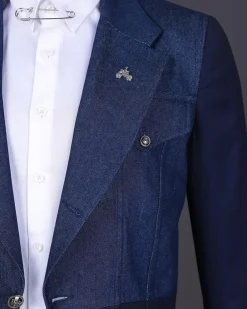 A Navy blue denim & jacquard mix notch lapel jacket