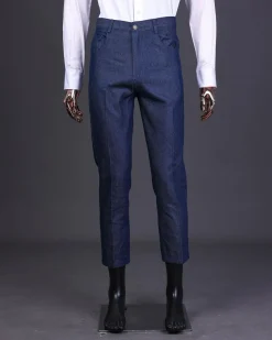 A Navy blue denim & jacquard mix notch lapel jacket