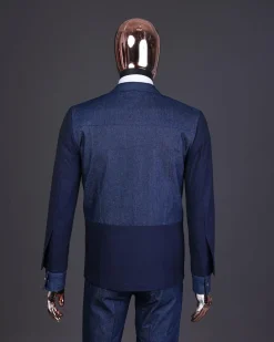 A Navy blue denim & jacquard mix notch lapel jacket