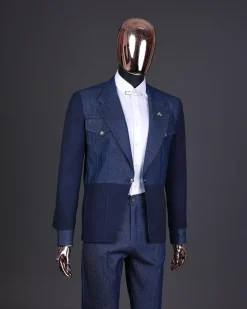 A Navy blue denim & jacquard mix notch lapel jacket