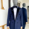 A Navy Blue Double Breasted Velvet Peak lapel Tuxedo/Dinner Suit