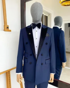 A Navy Blue Double Breasted Velvet Peak lapel Tuxedo/Dinner Suit