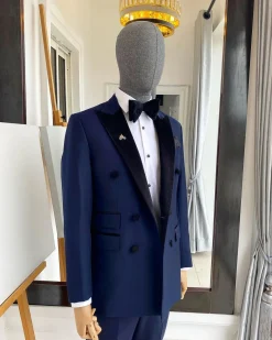 A Navy Blue Double Breasted Velvet Peak lapel Tuxedo/Dinner Suit