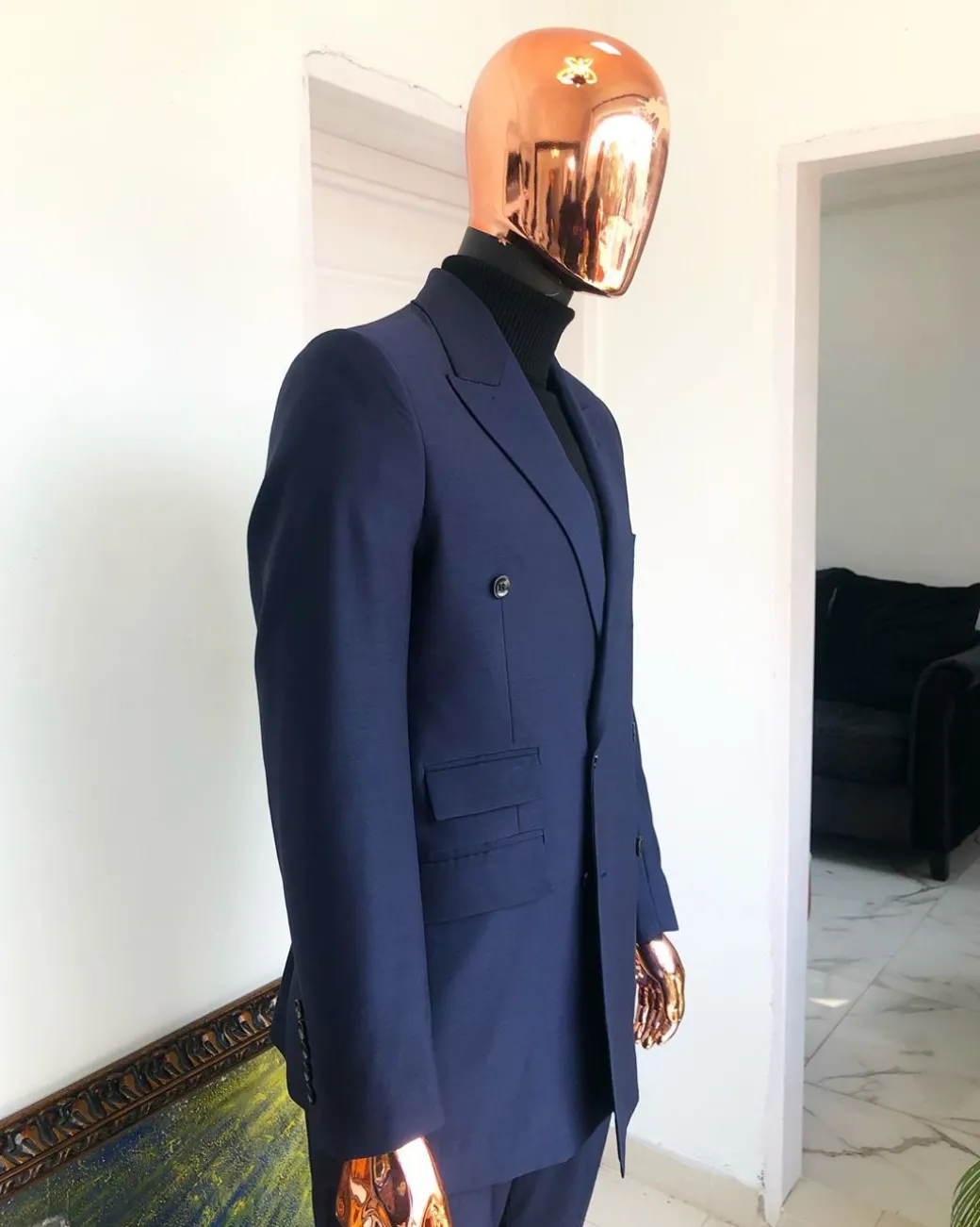 A Navy Blue Double Breasted corporate Peak lapel suit