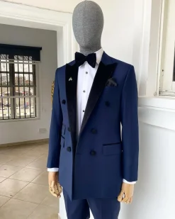 A Navy Blue Double Breasted Velvet Peak lapel Tuxedo/Dinner Suit