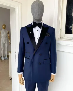 A Navy Blue Double Breasted Velvet Peak lapel Tuxedo/Dinner Suit