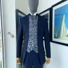 A Navy blue “downtown” with front cut metallic jacquard floral patterned cut suit