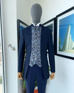 A Navy blue “downtown” with front cut metallic jacquard floral patterned cut suit
