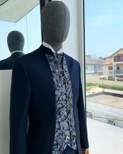 A Navy blue “downtown” with front cut metallic jacquard floral patterned cut suit