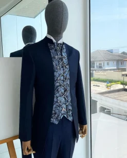 A Navy blue “downtown” with front cut metallic jacquard floral patterned cut suit