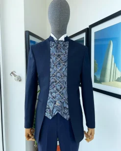 A Navy blue “downtown” with front cut metallic jacquard floral patterned cut suit