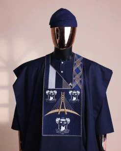 A Navy blue, “Eko Baje Ti – Lagos Will Never Spoil” embroidery details Agbada.
