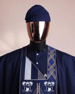 A Navy blue, “Eko Baje Ti – Lagos Will Never Spoil” embroidery details Agbada.