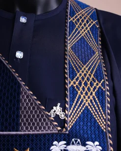 A Navy blue, “Eko Baje Ti – Lagos Will Never Spoil” embroidery details Agbada.