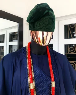 A Navy Blue embroidery details Agbada and Hand Woven Army Green Velvet Yoruba Hat and sokoto