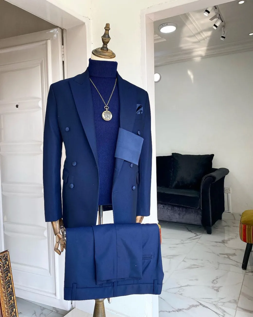 A Navy Blue Extra-fine jorgecarli Merino Sheep wool super 140’s Fabric “Oranmiyan” double breasted suit
