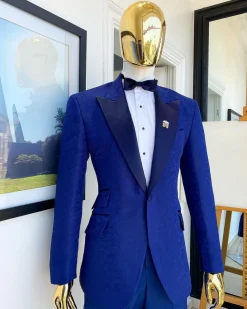 A Navy Blue Floral Peak Lapel, One Button Jacquard Tuxedo Suit