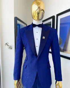 A Navy Blue Floral Peak Lapel, One Button Jacquard Tuxedo Suit
