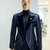 A Navy blue, floral pattern jacquard, peak lapel tuxedo suit