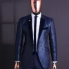 A Navy blue, floral pattern jacquard, slim notch lapel tuxedo suit