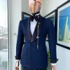 A Navy Blue Floral Patterned Shawl Lapel, Single Button Double-Breasted Tuxedo Suit