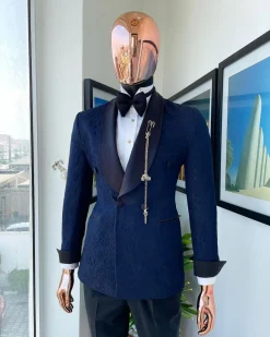 A Navy Blue Floral Patterned Shawl Lapel, Single Button Double-Breasted Tuxedo Suit