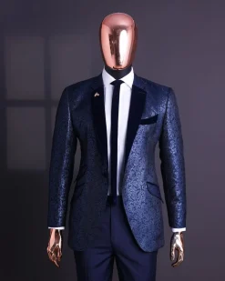 A Navy blue, floral pattern jacquard, slim notch lapel tuxedo suit