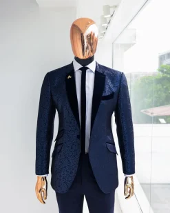 A Navy blue, floral pattern jacquard, slim notch lapel tuxedo suit