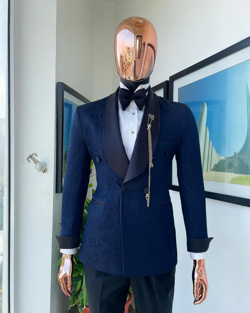 A Navy Blue Floral Patterned Shawl Lapel, Single Button Double-Breasted Tuxedo Suit