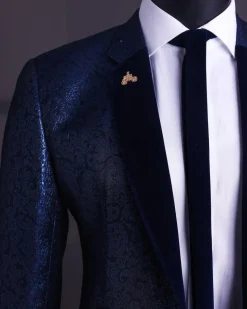 A Navy blue, floral pattern jacquard, slim notch lapel tuxedo suit