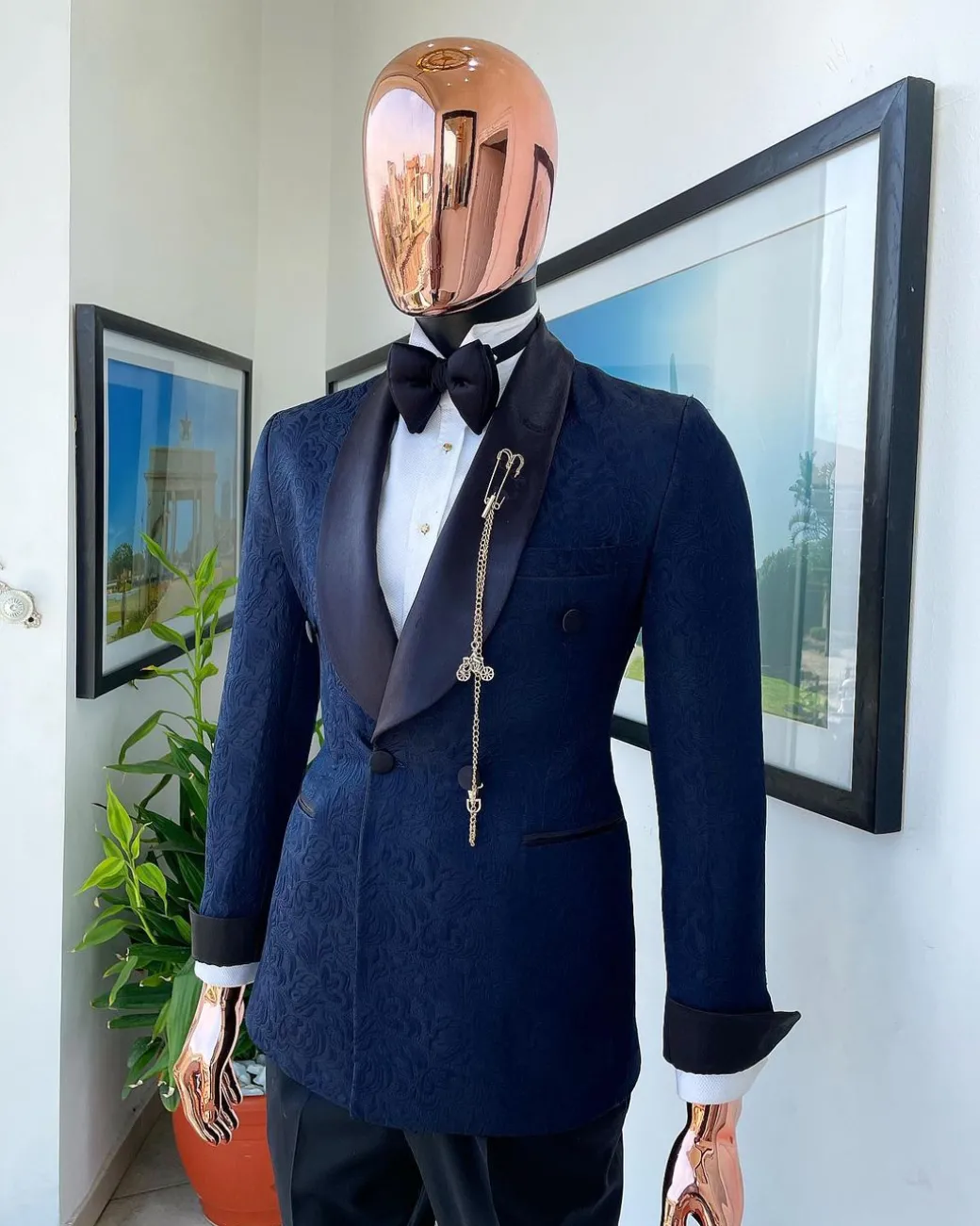 A Navy Blue Floral Patterned Shawl Lapel, Single Button Double-Breasted Tuxedo Suit