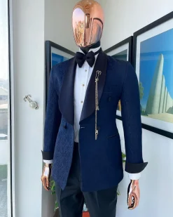 A Navy Blue Floral Patterned Shawl Lapel, Single Button Double-Breasted Tuxedo Suit