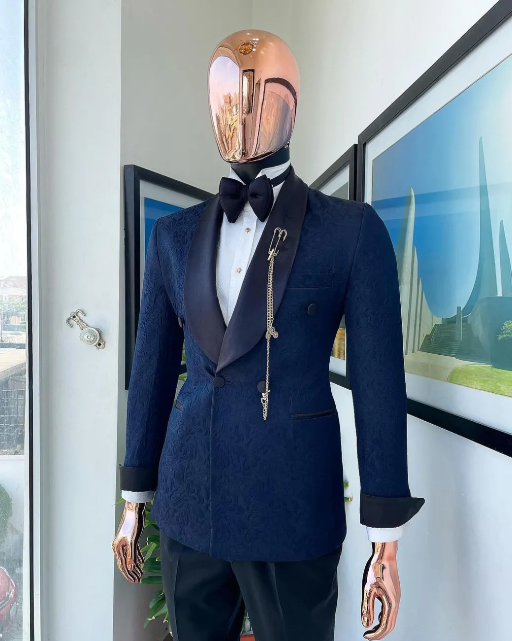 A Navy Blue Floral Patterned Shawl Lapel, Single Button Double-Breasted Tuxedo Suit