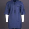 A Navy Blue, Front Flap, 3/4 Sleeve African Senator Kaftan Native.