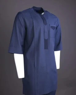 A Navy Blue, Front Flap, 3/4 Sleeve African Senator Kaftan Native.