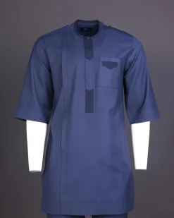 A Navy Blue, Front Flap, 3/4 Sleeve African Senator Kaftan Native.