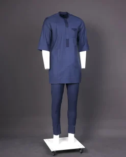 A Navy Blue, Front Flap, 3/4 Sleeve African Senator Kaftan Native.